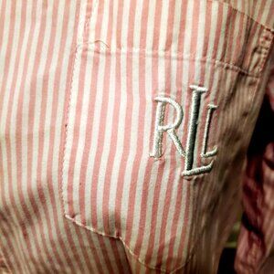 RALPH LAUREN Pink Cotton Poplin Sleep Shirt Striped with Monogrammed Pocket Sz S